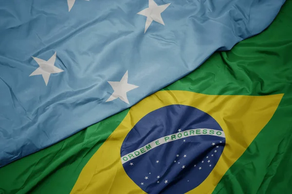 Ondeando colorida bandera de Brasil y bandera nacional de Estados Federados de Micronesia  . — Foto de Stock