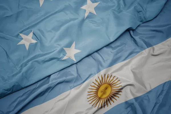 アルゼンチンのカラフルな旗とミクロネシア連邦の国旗を振る . — ストック写真
