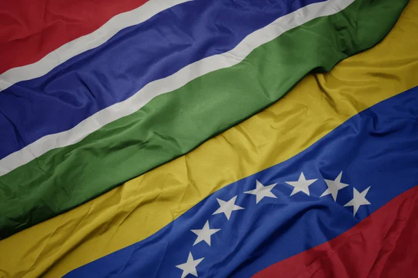 Waving colorful flag of venezuela and national flag of gambia. — Stock Photo, Image