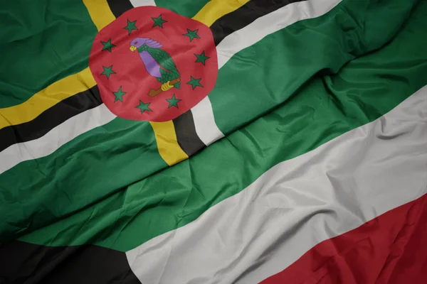 Agitant drapeau coloré de Kuwait et drapeau national de la Dominique . — Photo