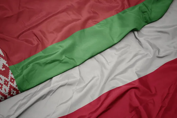 Agitant drapeau coloré de la pologne et drapeau national du belarus . — Photo