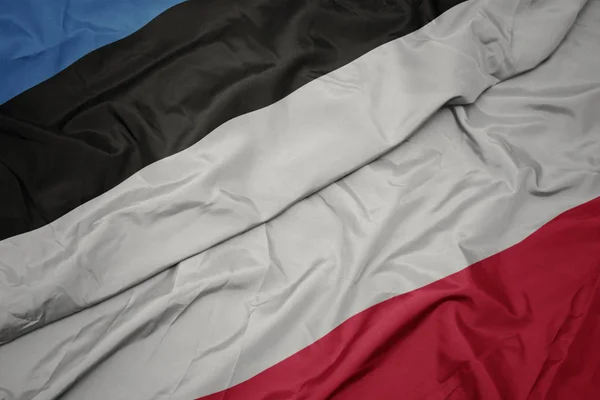 Mávající barevná vlajka Polska a národní vlajky Estonska. — Stock fotografie