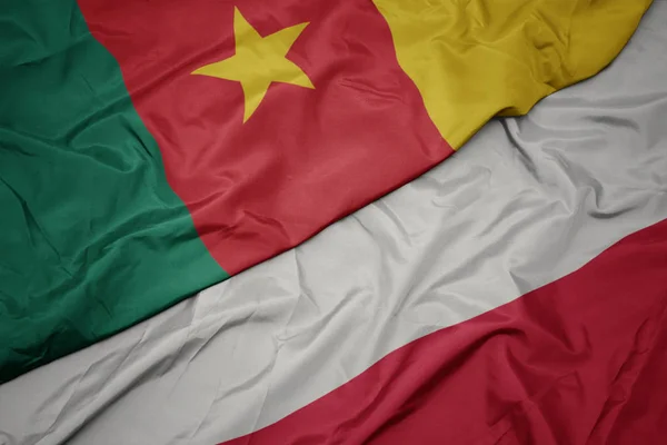 Ondeando colorida bandera de Polonia y bandera nacional de Camerún . — Foto de Stock