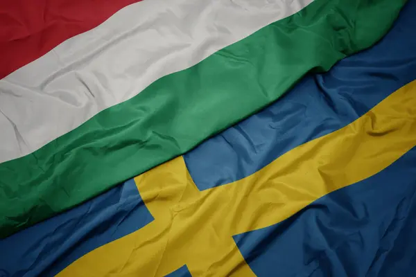 Mávání barevnou vlajkou Švédska a státní vlajky Maďarska. — Stock fotografie