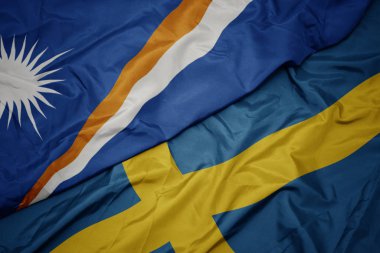 Marshall Adaları 'nın İsveç ve ulusal bayrağının renkli bayrağını sallayarak .