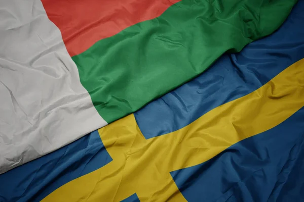 Размахивая красочным флагом Швеции и национальным флагом Мадагаскара . — стоковое фото