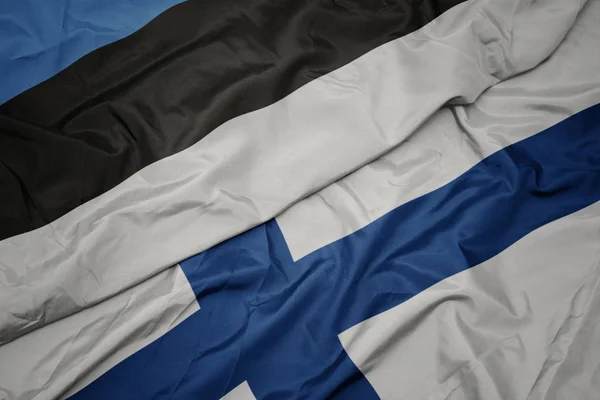 Sventolando bandiera colorata della Finlandia e bandiera nazionale di estonia . — Foto Stock