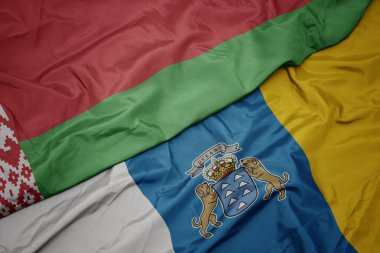 Kanarya adalarının renkli bayrağı ve Beyaz Rusya bayrağı dalgalanır..