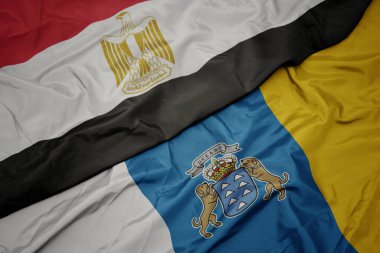 Kanarya adalarının renkli bayrağı ve ulusal Mısır bayrağı sallanıyor. .