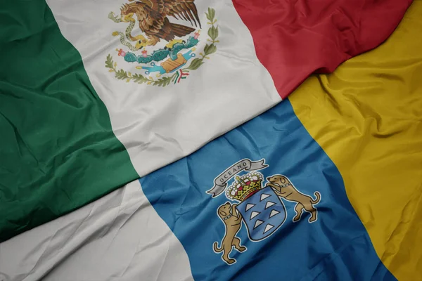 Kanarya adalarının renkli bayrağını sallıyor ve Meksika bayrağını sallıyor.. — Stok fotoğraf