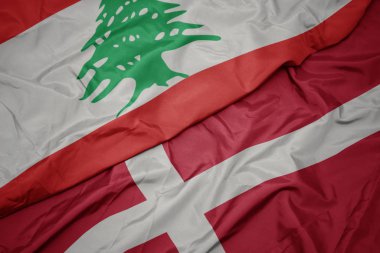 Danimarka 'nın renkli bayrağı ve Lübnan' ın ulusal bayrağı sallanıyor..