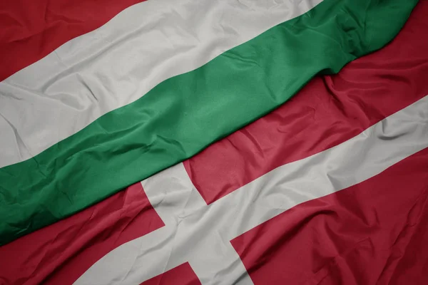 Sventolando bandiera colorata di denmark e bandiera nazionale dell'Ungheria . — Foto Stock