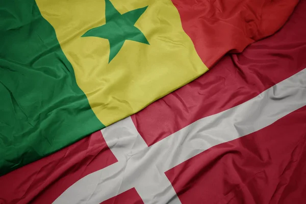 Mávání barevnou vlajkou denmarku a státní vlajky Senegalu. — Stock fotografie