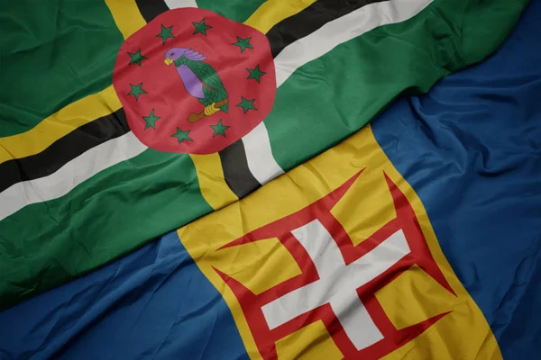 Agitant drapeau coloré de madère et drapeau national de la Dominique . — Photo