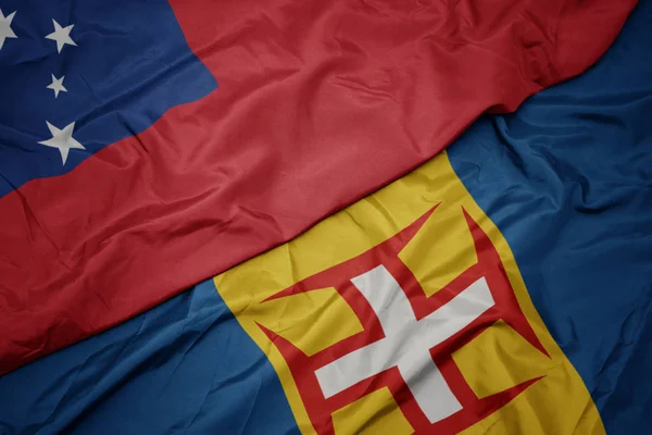 Waving colorful flag of madeira and national flag of Samoa . — Stock Photo, Image