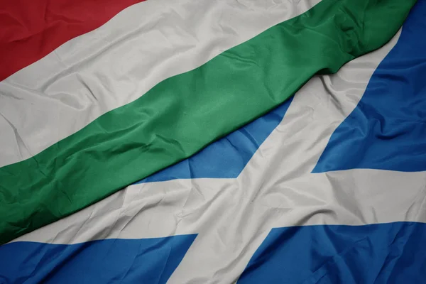 waving colorful flag of scotland and national flag of hungary.