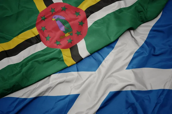 İskoçya 'nın renkli bayrağı ve Dominika' nın ulusal bayrağı sallanıyor.. — Stok fotoğraf