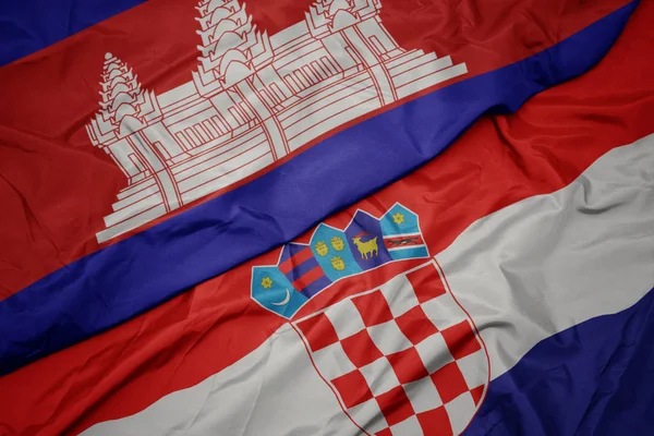 Waving colorful flag of croatia and national flag of cambodia. — Stock Photo, Image