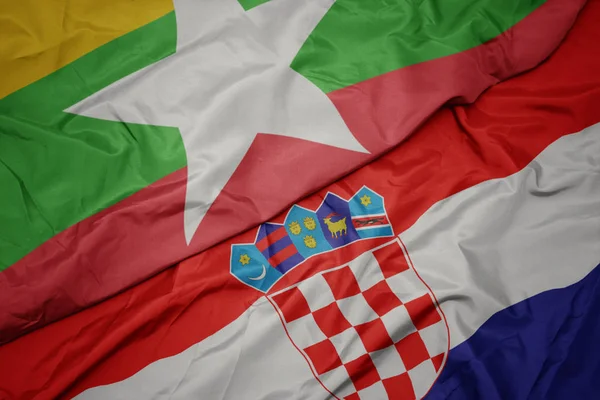 Waving colorful flag of croatia and national flag of myanmar. — Stock Photo, Image