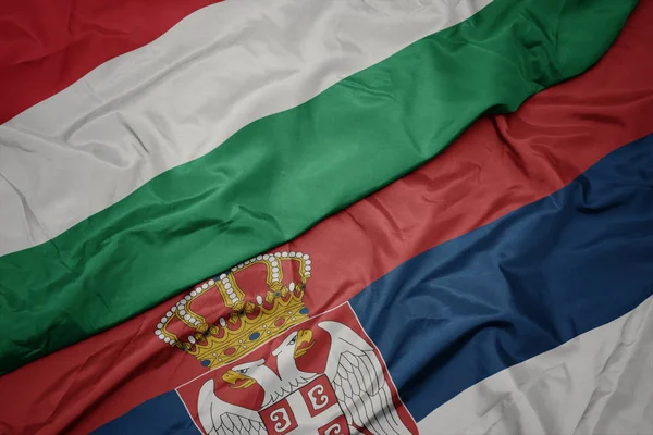 Κυματίζει πολύχρωμη σημαία της Σερβίας και εθνική σημαία της Ουγγαρίας. — Φωτογραφία Αρχείου