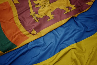 Ukrayna 'nın renkli bayrağı ve Sri Lanka' nın ulusal bayrağı sallanıyor..