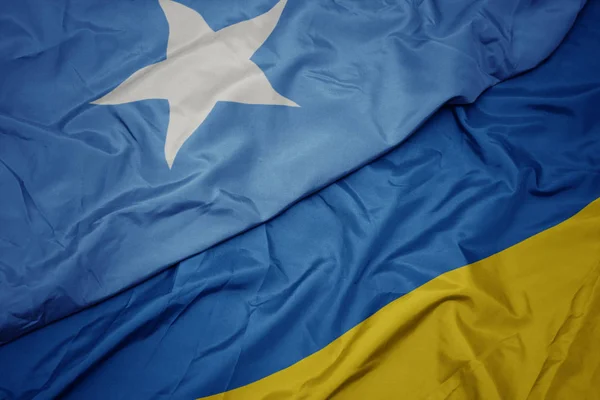 Agitant le drapeau coloré de l'ukraine et le drapeau national de la somalie . — Photo