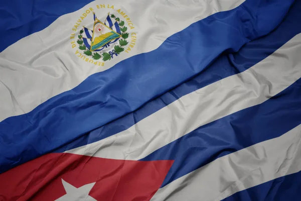 Waving colorful flag of cuba and national flag of el salvador. — Stock Photo, Image