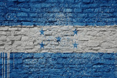 Büyük, eski tuğla bir duvarın üzerine renkli, büyük ulusal bir Honduras bayrağı.