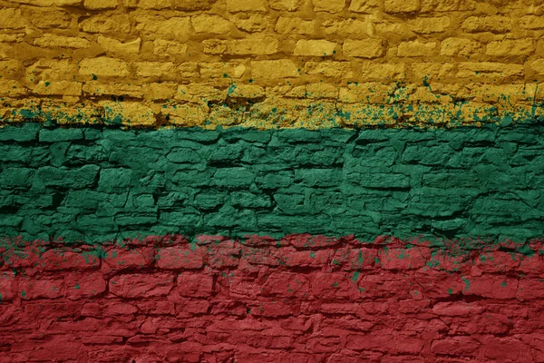 巨大な古いレンガの壁にリトアニアの大きな国旗をカラフルな絵で描きました — ストック写真