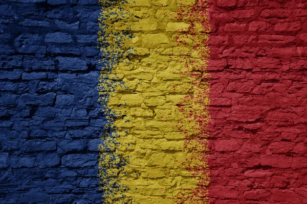 巨大な古いレンガの壁にルーマニアの大きな国旗がカラフルに描かれました — ストック写真