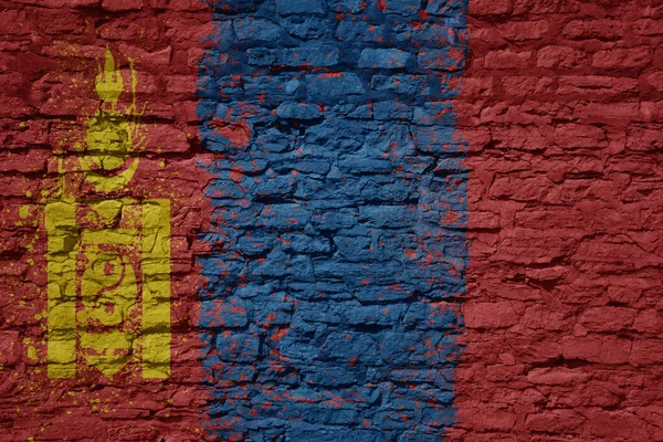 Kolorowe Malowane Duże Flagi Narodowe Mongolii Masywnym Starym Murze Cegły — Zdjęcie stockowe