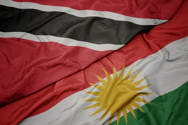 Zwaaiende Vlag Van Kurdistan Nationale Vlag Van Trinidad Tobago Macro — Stockfoto