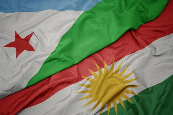 Zwaaiende Kleurrijke Vlag Van Kurdistan Nationale Vlag Van Djibouti Macro — Stockfoto