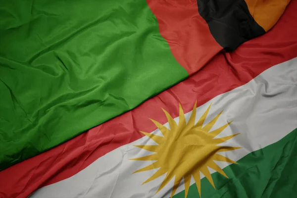 Zwaaiende Vlag Van Kurdistan Nationale Vlag Van Zambia Macro — Stockfoto