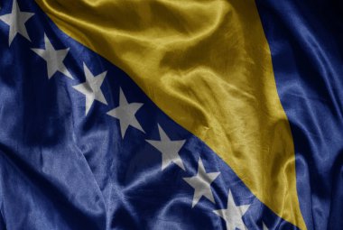Bosna ve Herzegovina 'nın renkli büyük ulusal bayrağını ipeksi bir dokuda sallıyordu.