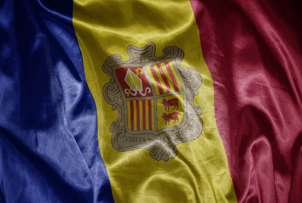 Ondeando Colorida Brillante Gran Bandera Nacional Andorra Sobre Una Textura —  Fotos de Stock