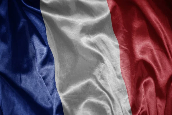 Waving Colorful Shining Big National Flag France Silky Texture — Stock Photo, Image