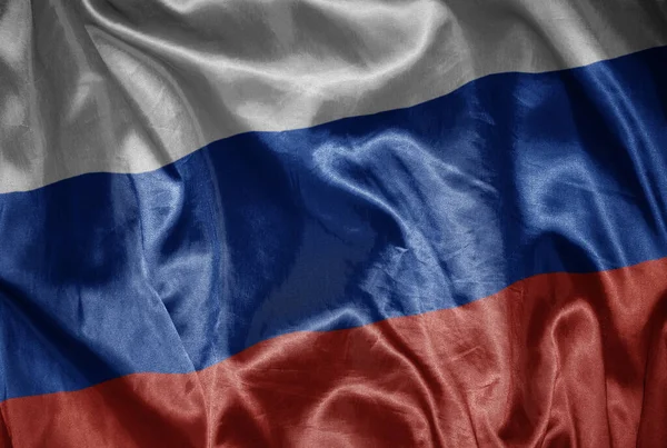 Zwaaiende Kleurrijke Glanzende Grote Nationale Vlag Van Rusland Een Zijdeachtige — Stockfoto