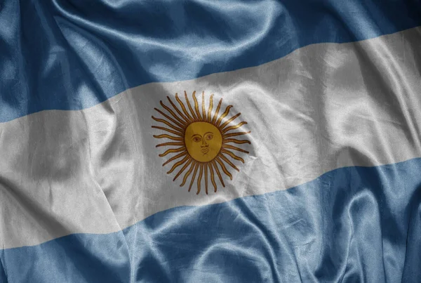 Κυματίζει Πολύχρωμο Λαμπερό Μεγάλη Εθνική Σημαία Της Αργεντινής Μεταξένια Υφή — Φωτογραφία Αρχείου