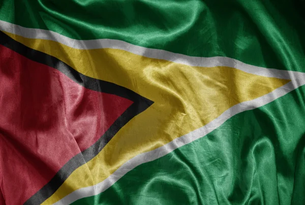 Waving Colorful Shining Big National Flag Guyana Silky Texture — Stock Photo, Image