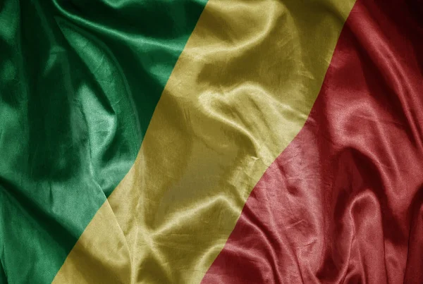 Κυματίζει Πολύχρωμο Λαμπερό Μεγάλη Εθνική Σημαία Της Δημοκρατίας Του Κονγκό — Φωτογραφία Αρχείου