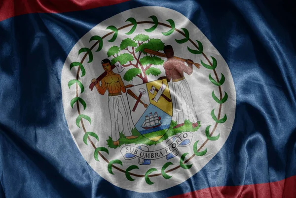 Zwaaiende Kleurrijke Glanzende Grote Nationale Vlag Van Belize Een Zijdeachtige — Stockfoto