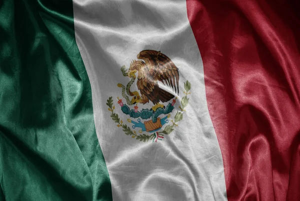 Machając Barwną Lśniącą Flagą Meksyku Jedwabistej Fakturze — Zdjęcie stockowe