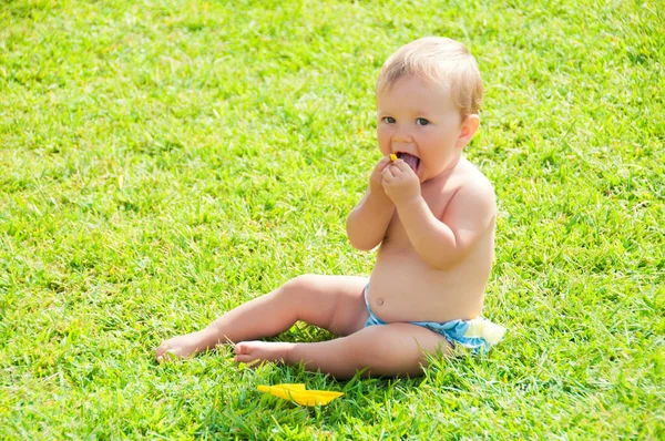 Kul stämning. Söt liten flicka sitter på gräset på en solig sommardag — Stockfoto