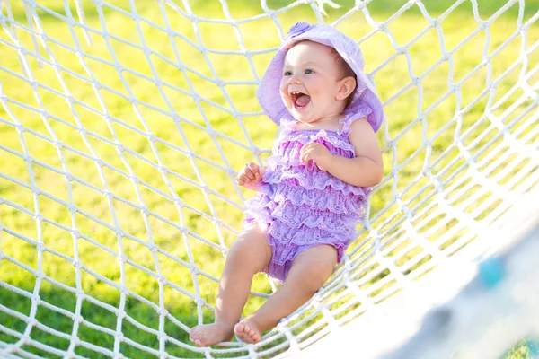 Portrait Happy Girl Vacation Background Hammocks Little Girl Sitting Purple — Stock Photo, Image