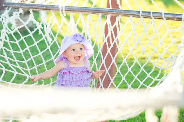 Portrait Happy Girl Vacation Background Hammocks Little Girl Sitting Purple — Stock Photo, Image