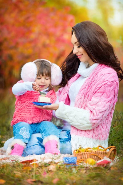 公園の秋のピクニックで娘と一緒にいる若い母親は — ストック写真