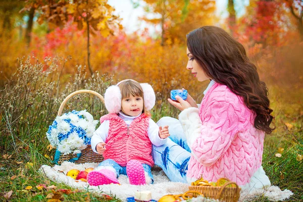 Madre joven con su hija en un picnic en el parque otoño — Foto de Stock