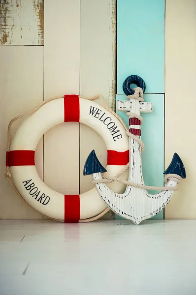 Composition Marine Theme Anchor Life Buoy Seashells Starfish Wooden Background — Stock Photo, Image