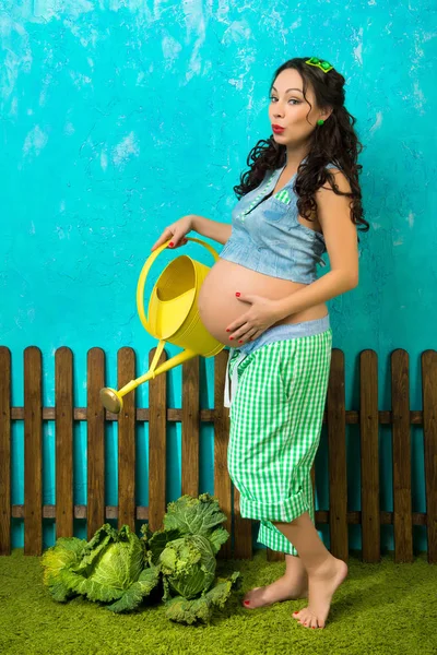 一个怀孕的女人倒卷心菜 每个人都知道孩子们是用卷心菜来满足的 等待婴儿 — 图库照片